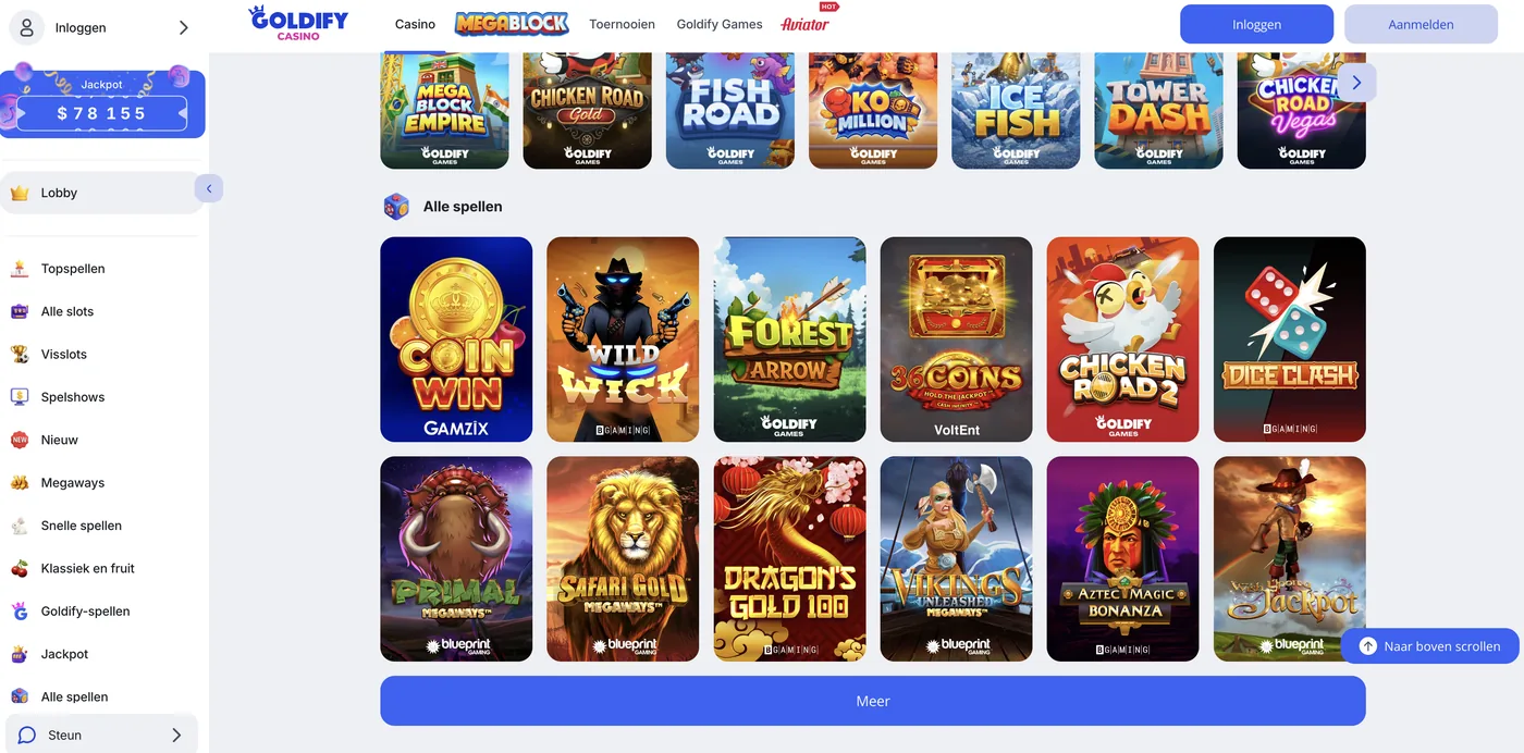 Overzicht van alle spellen bij Goldify Casino met Goldify Games en slots van BGaming en Blueprint
