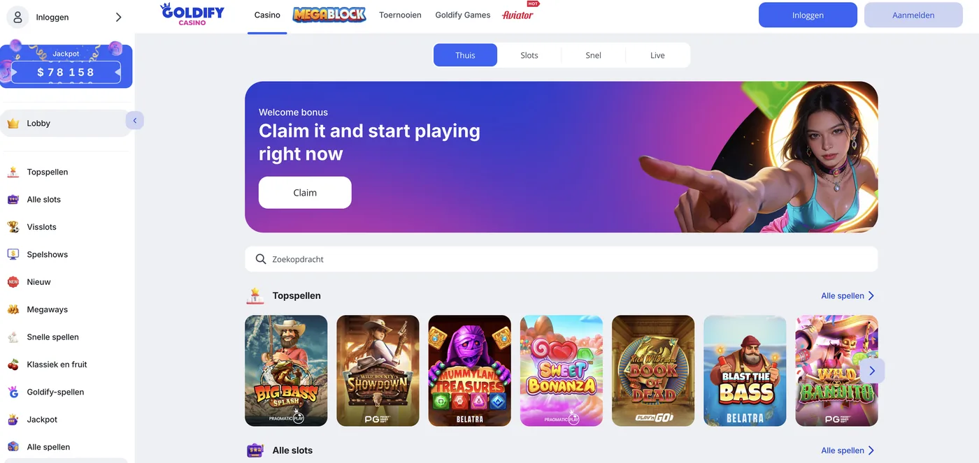Lobby van Goldify Casino met de welkomstbanner, de zoekbalk en topspellen